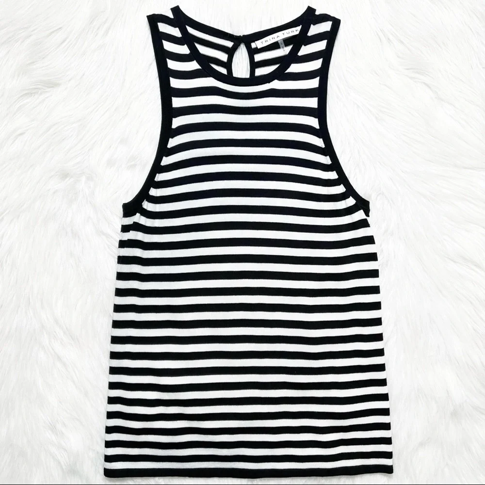 SOLD-Trina Turk Black & White Striped Sleeveless Knit Tank Top - Picture 6 of 8
